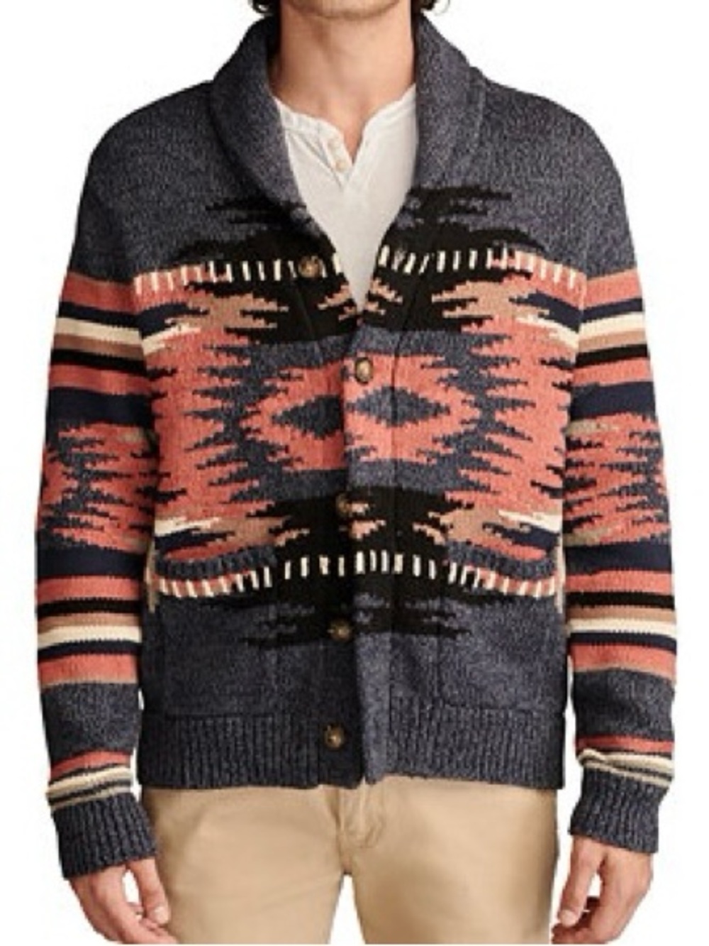 Lucky Brand Shawl Collar Aztec Cardigan Sweater - Gray, Coral & Navy